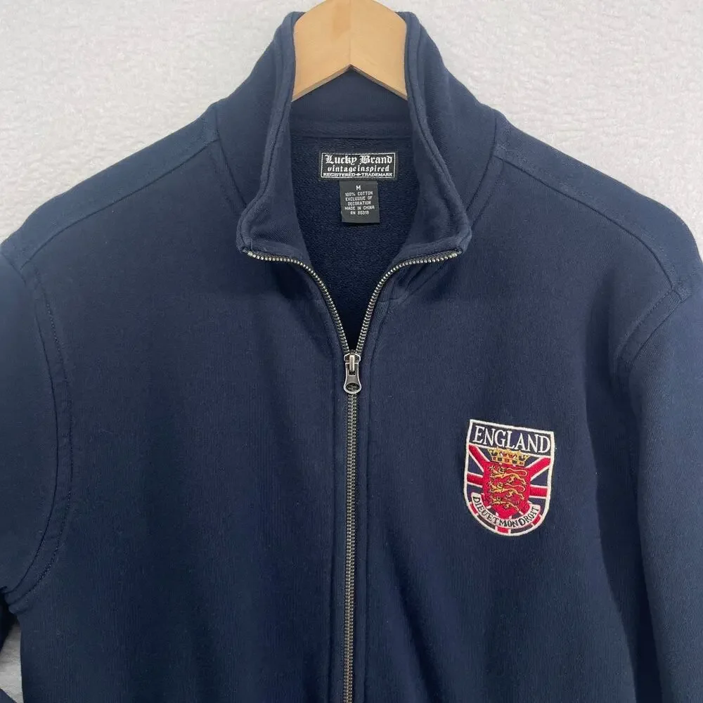 LUCKY BRAND Jacket Mens M ENGLAND 57 Crest Patch Track Terry Full Zip Blue Vtg